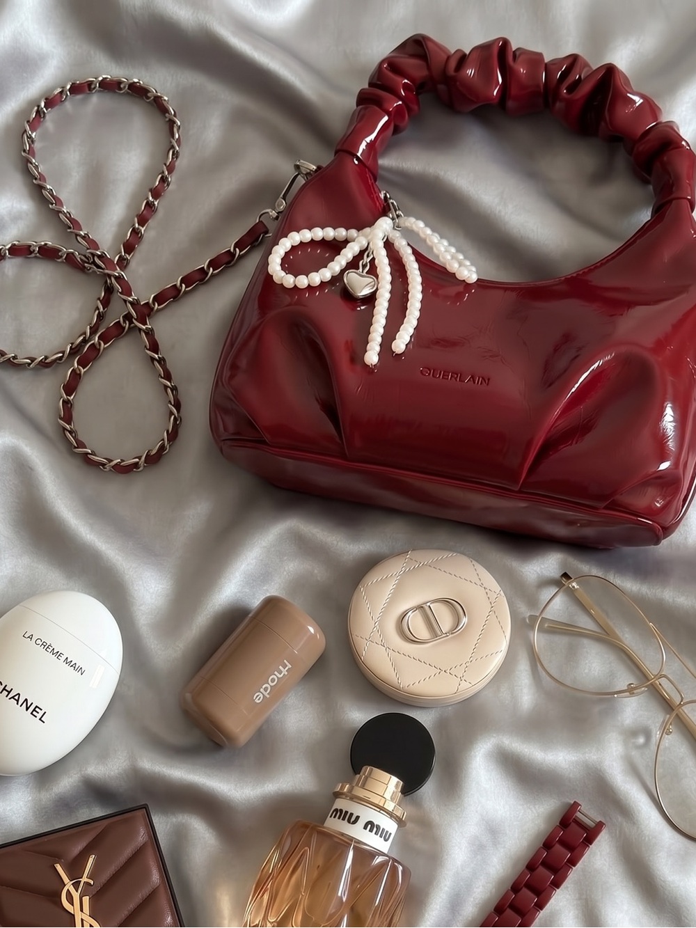 Bright Deep Red Patent Scrunch-Handle Shoulder Bag with Pearl Charm